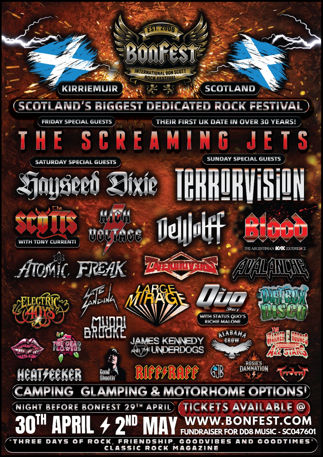 Bonfest 2027 line-up poster, 30 April to 2 May in Kirriemuir, Scotland